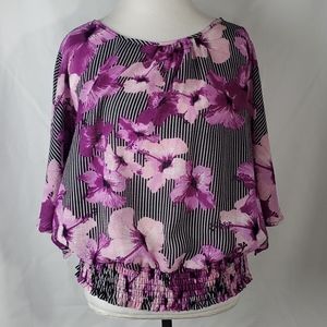 Investments Black Striped Purple Floral Flowy Top in Size Large